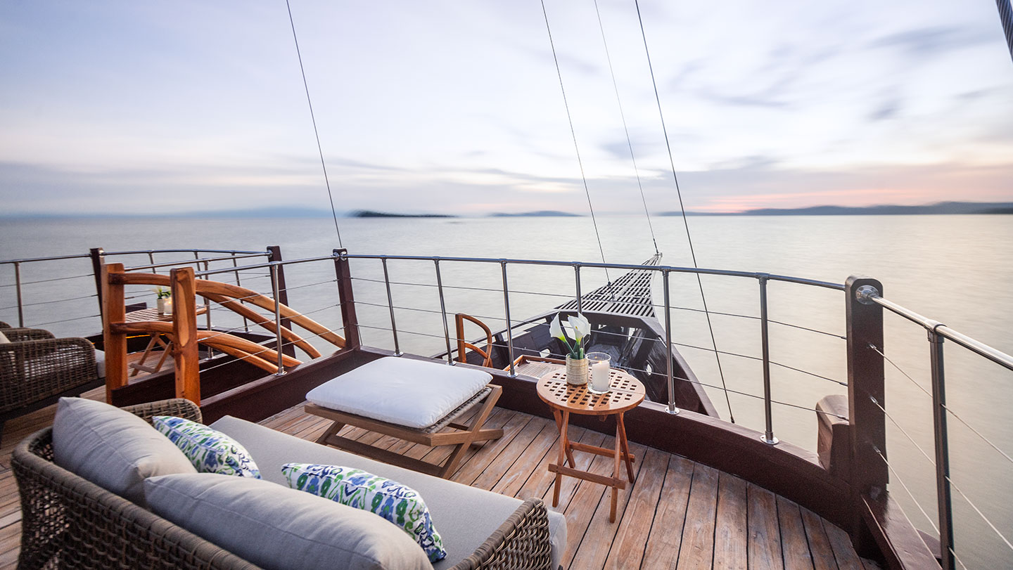 Bow of sailing yacht sequoia with sofa and coffee table set up