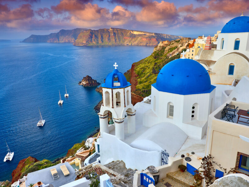 Fira,Town,On,Santorini,Island,,Greece.,Incredibly,Romantic,Sunrise,On