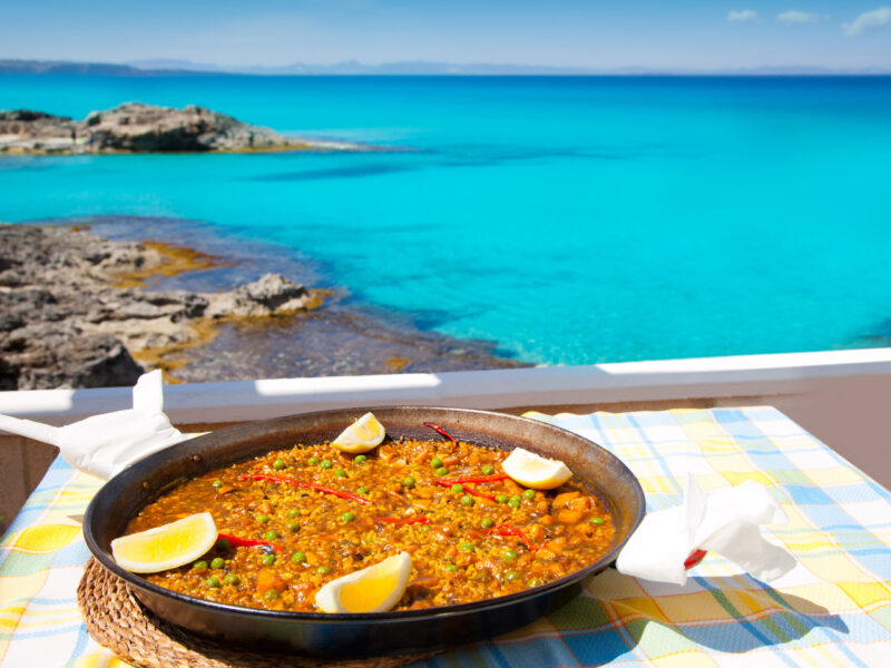 Paella,Mediterranean,Rice,Food,By,The,Balearic,Formentera,Island,Beach