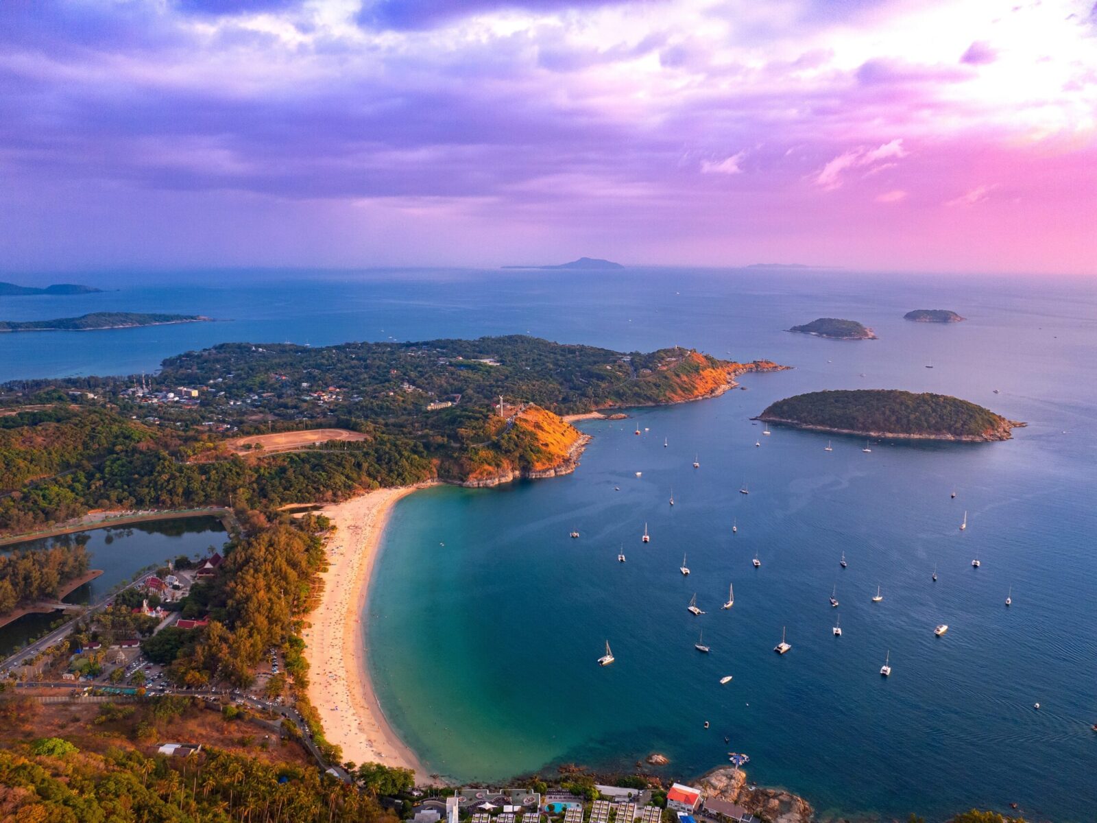 Aerial,View,Sunset,Landscape,Nai,Harn,Beach,And,Marina,With