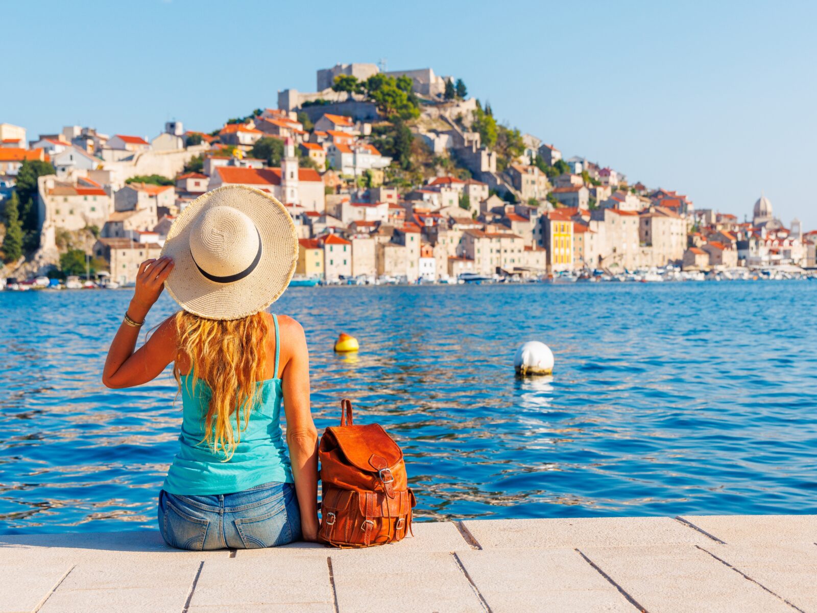 Female,Tourist,Enjoying,Sibenik,Town,View-,Travel,,Tour,Tourism,vacation-,Croatia,