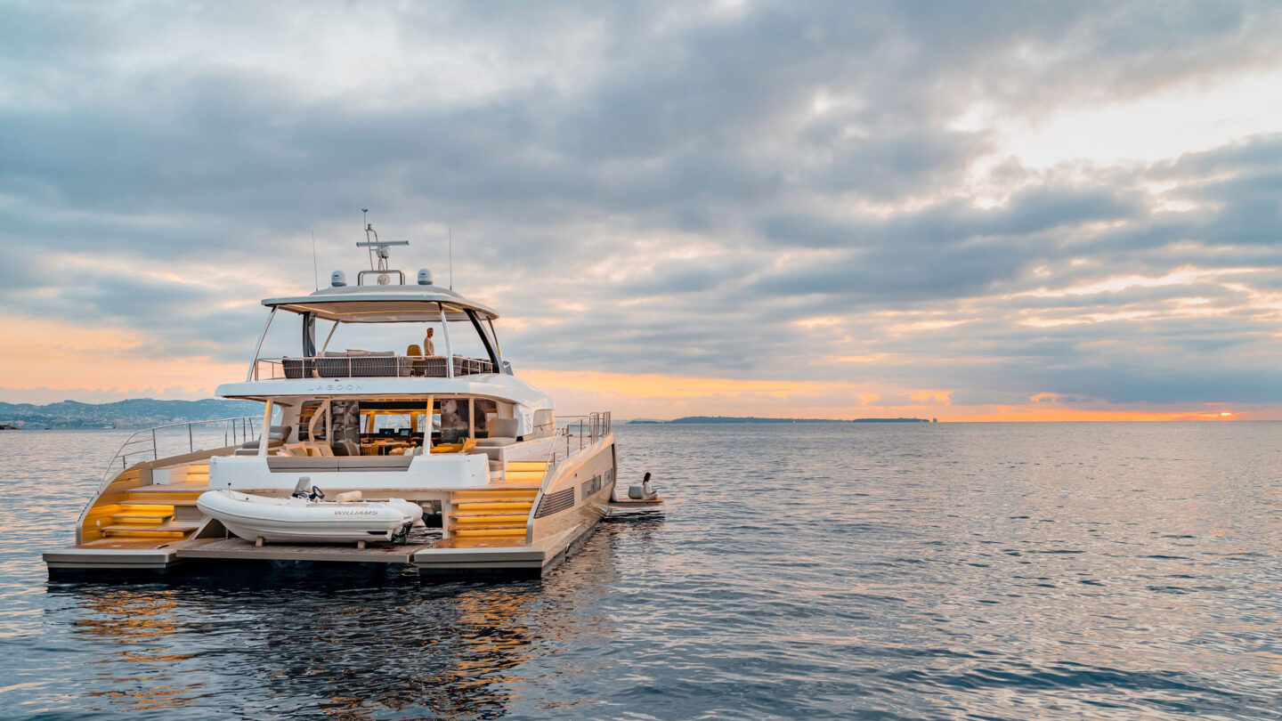 catamaran luxury yacht charter Lagoon Seventy 8 photo at sunset