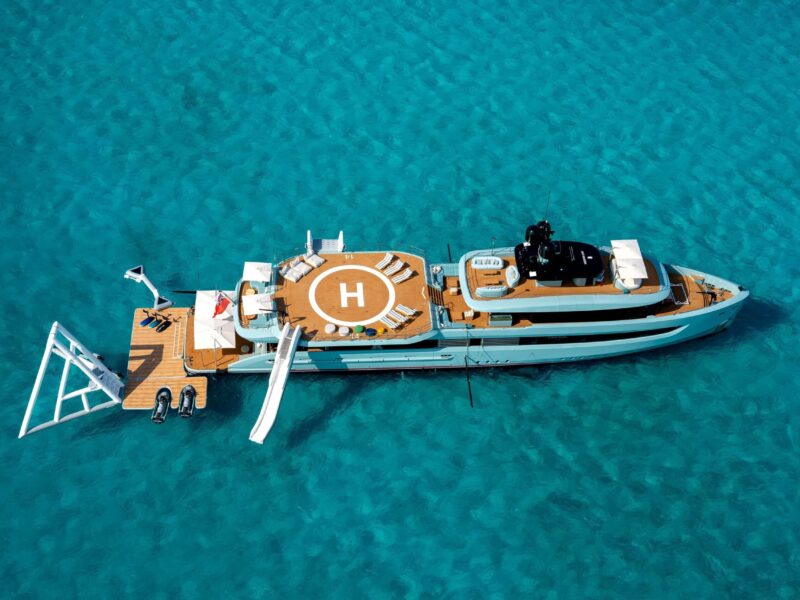 M/Y Limerence charter yacht articles aerial shot water toy set up and helideck