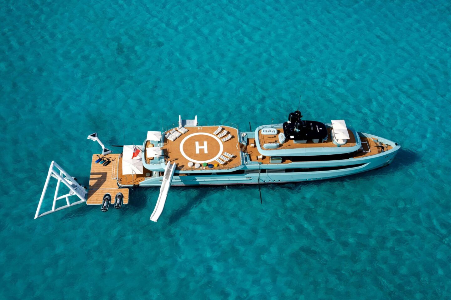 M/Y Limerence aerial shot water toy set up and helideck