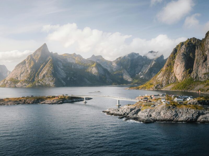 Aerial drone view of Hamnøy fjords in Lofoten Islands, Norway