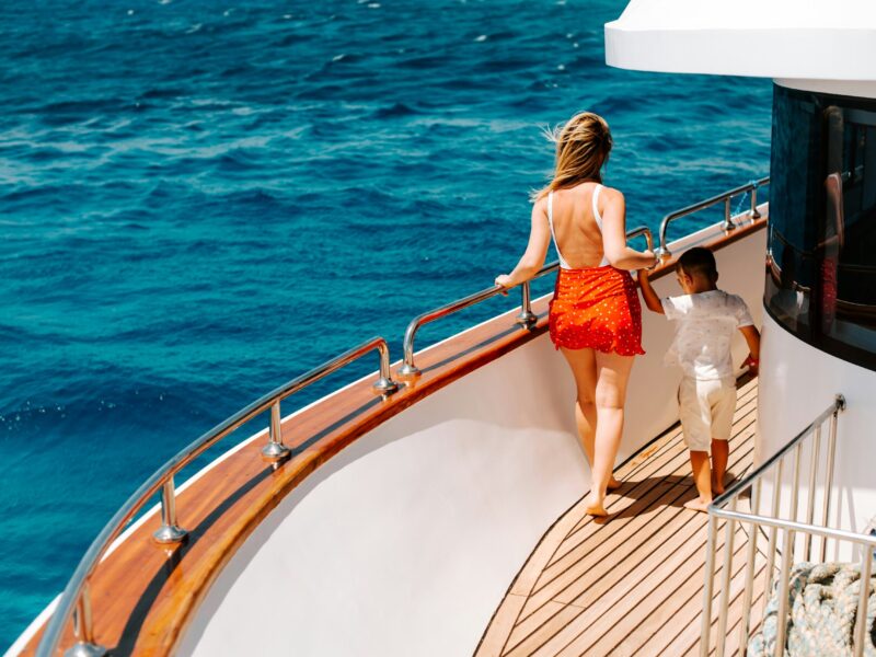 stock woman and child on boat