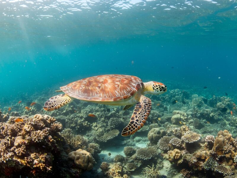 A,Stunning,Underwater,Scene,Featuring,A,Hawksbill,Sea,Turtle,Swimming