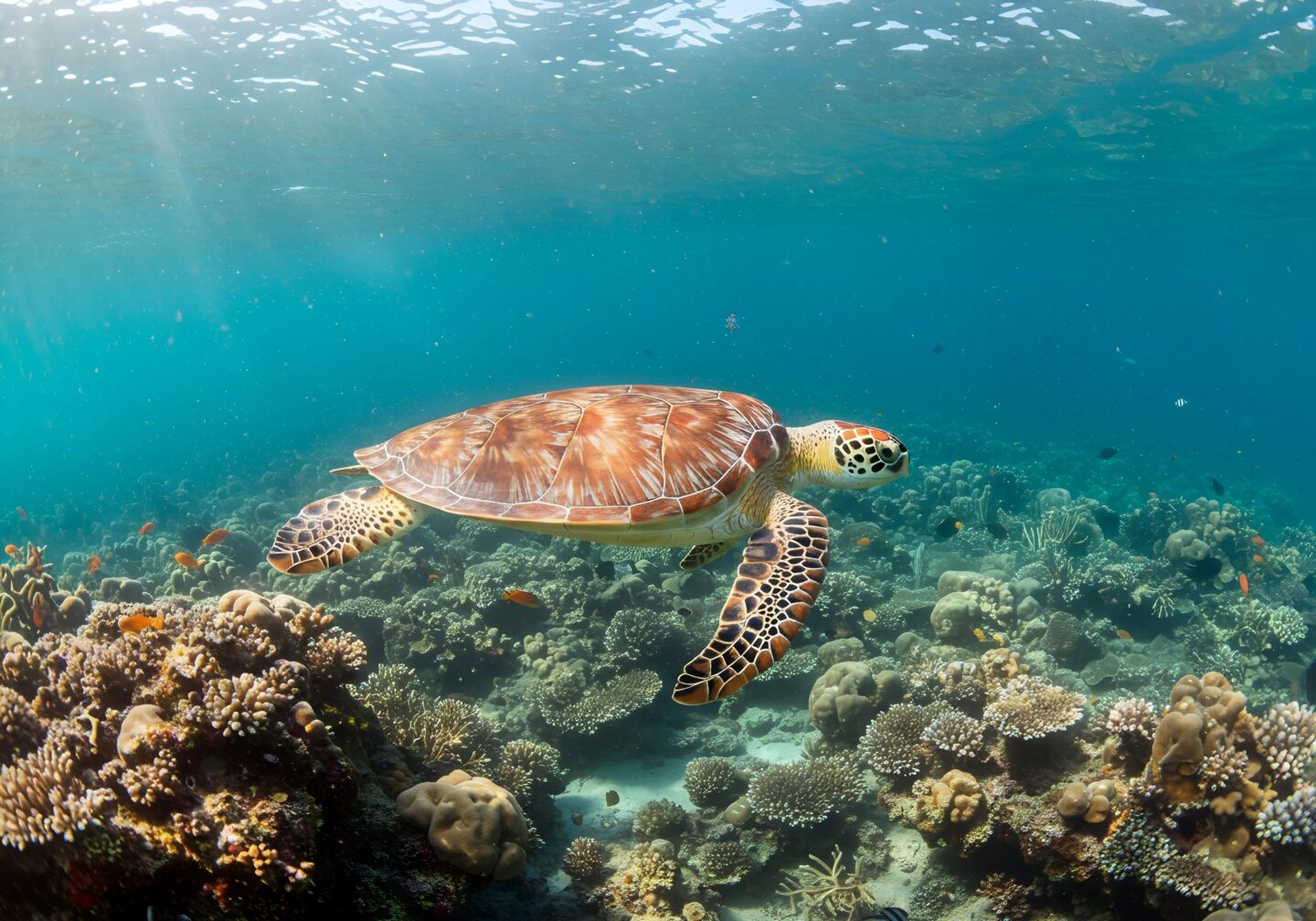 A,Stunning,Underwater,Scene,Featuring,A,Hawksbill,Sea,Turtle,Swimming