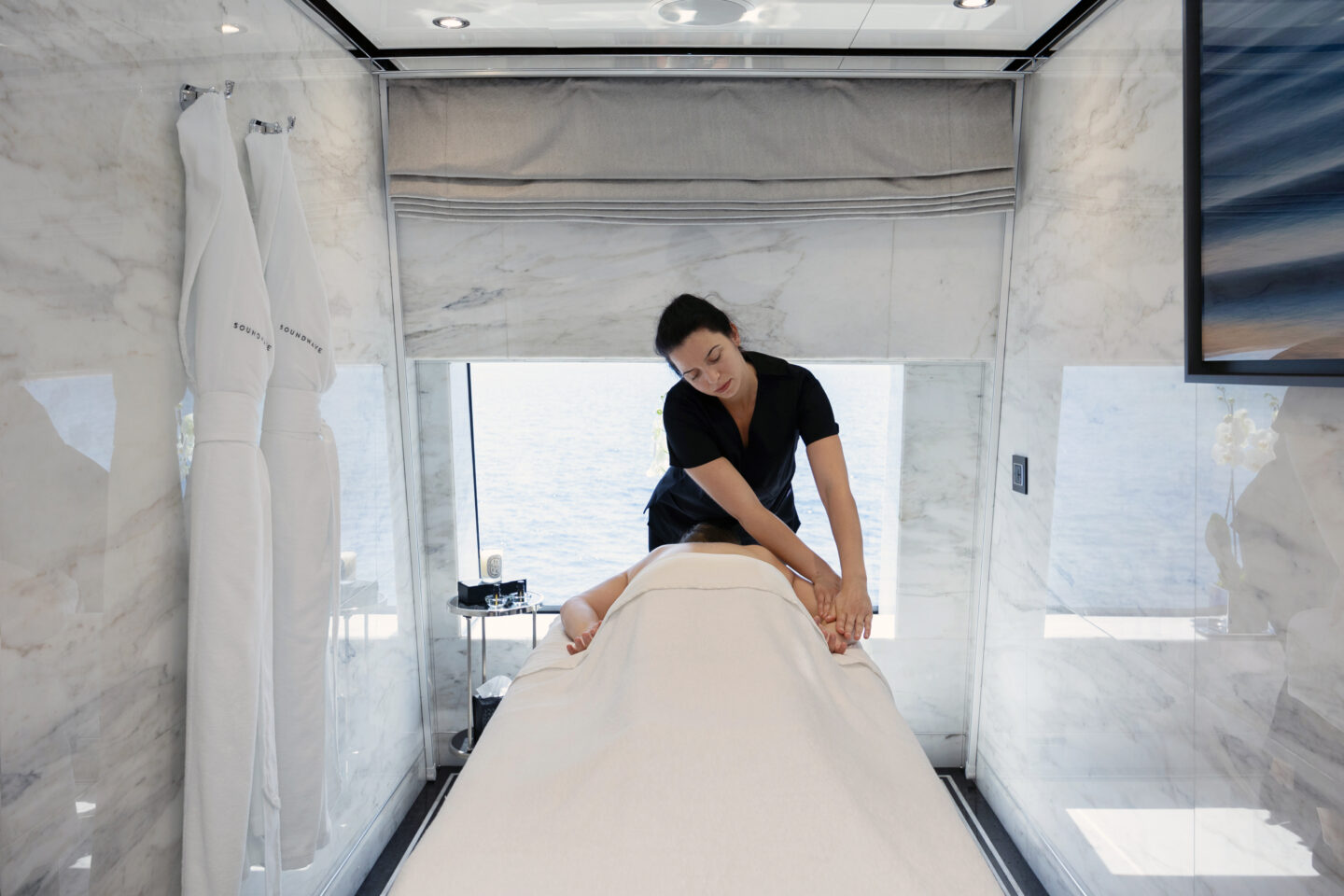 M/Y Soundwave for charter wellness area with spa treatment room designed for onboard relaxation. Credit: Roccabella / Malcorps.